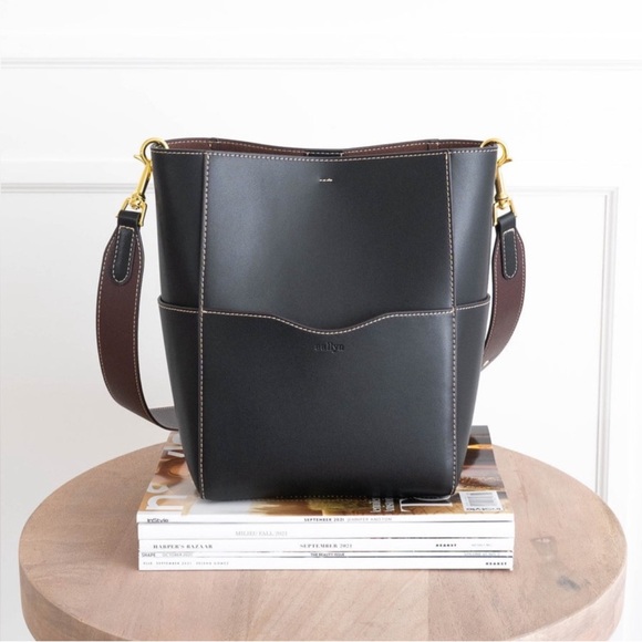 AALLYN Leather Jordan Bucket Bag Black Gold Purse - Picture 2 of 9